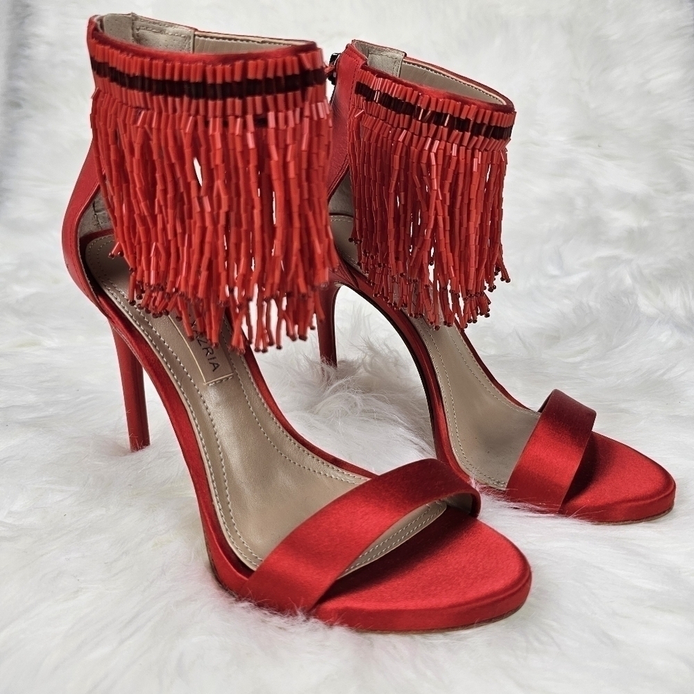 BCBGMaxAzria "Devine" Red Ankle Strap Fringe Pump Size 5.5
